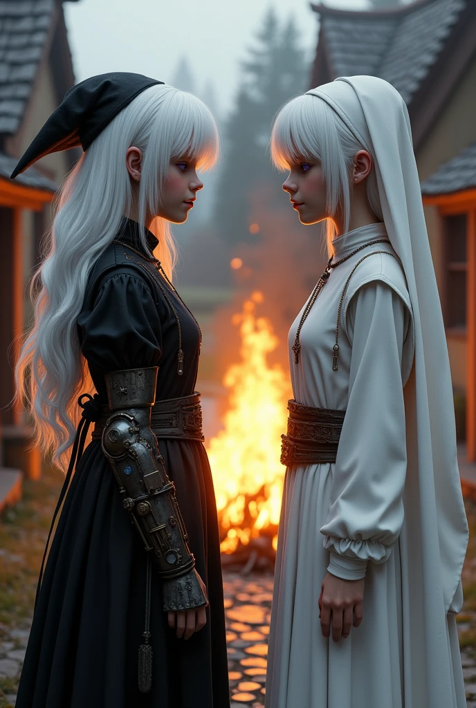 Two albino girls from the Middle Ages with white hair and violet eyes with their backs turned to each other, the one on the left wearing black alchemist clothes and her left arm with a steampunk prosthesis, and the girl on the right wearing white nun clothes., and a cross necklace, facing a bonfire in a village.