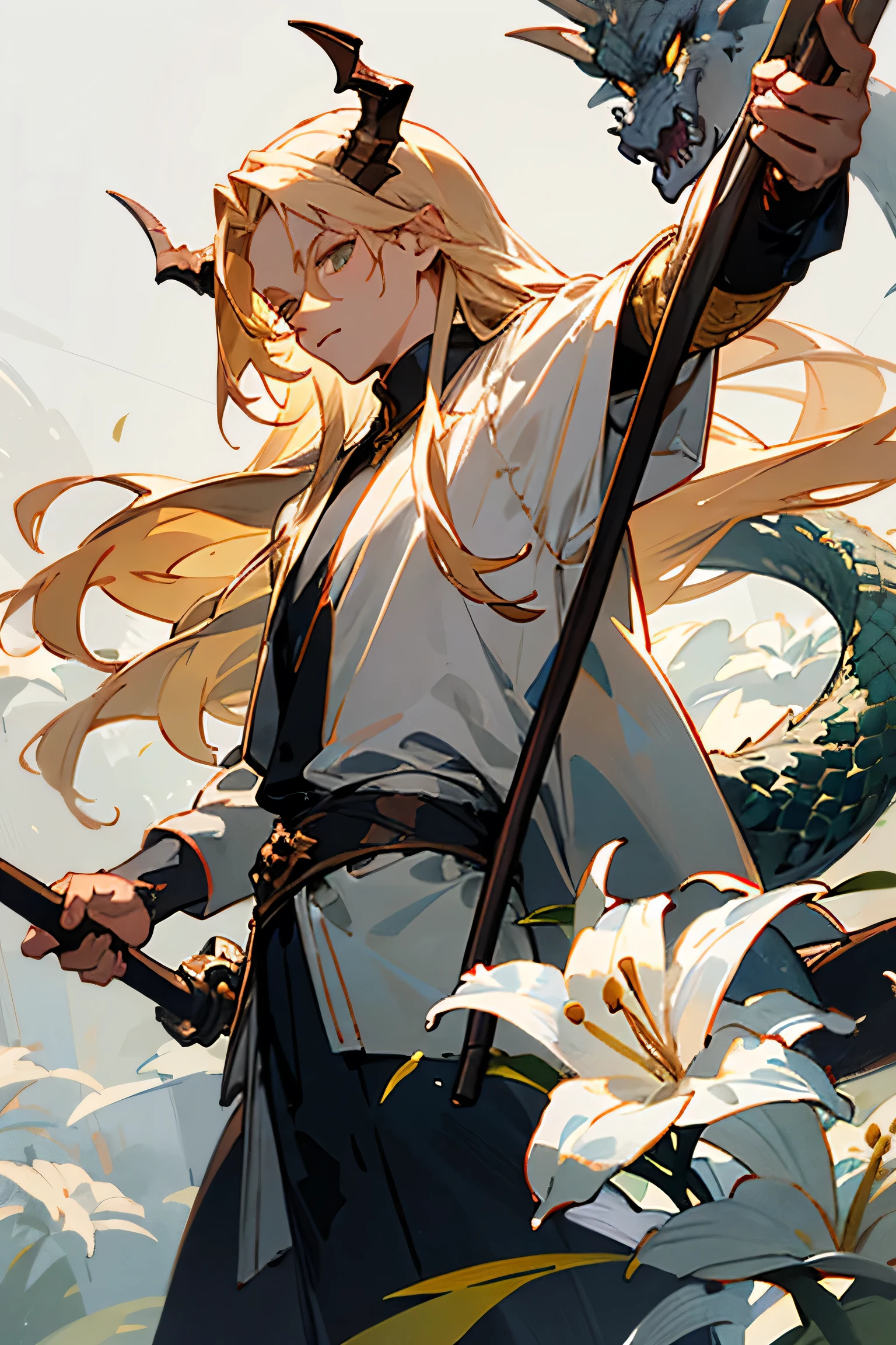 ((best quality)), ((masterpiece)), (detailed), Male, long hair, blonde hair, black and white clothes, holding staff, dragon horns, Dragon tail, white lilies 