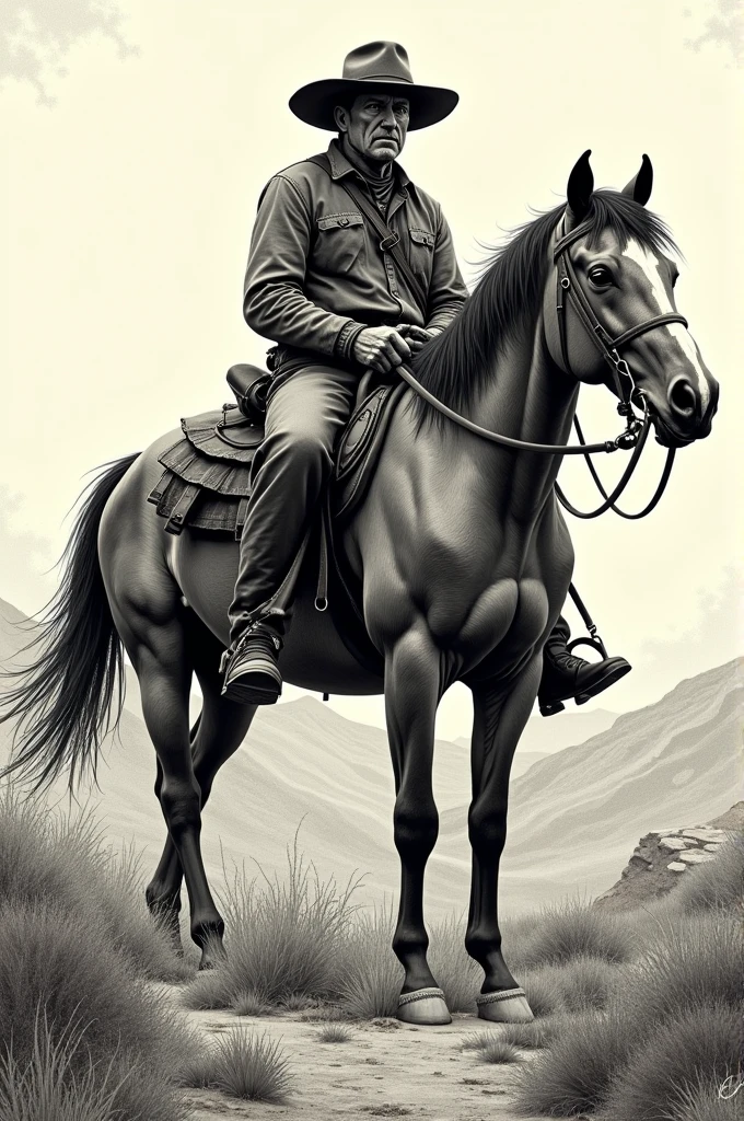 Character Riobaldo from the book "great backlands trails" in the form of a jagunço on top of his horse in the style of hatching 