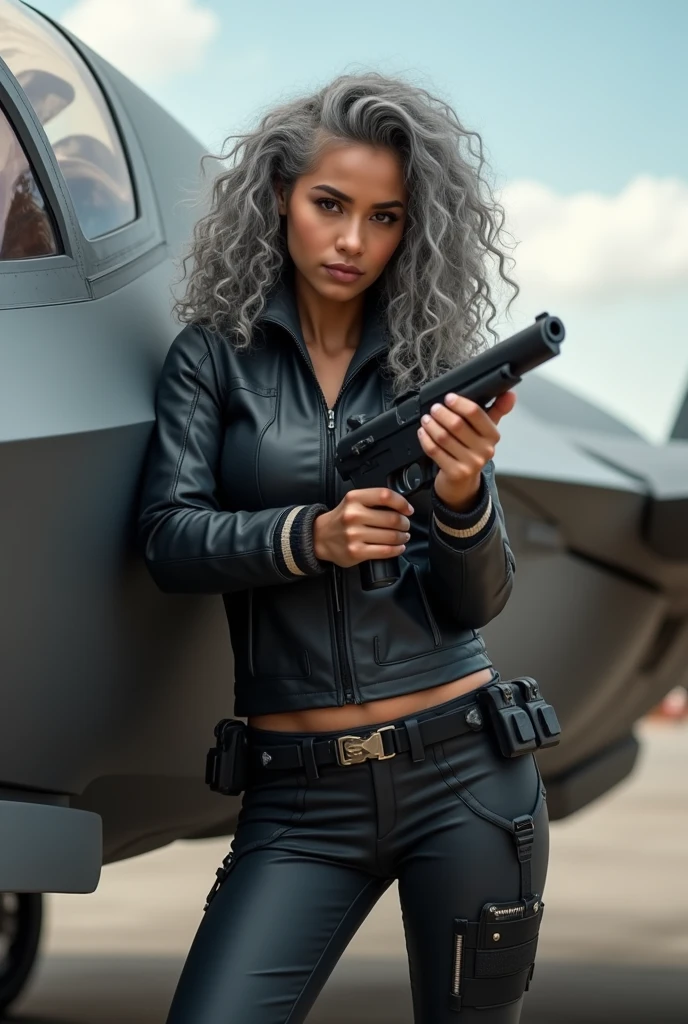 A beautiful youthful looking Filipino version of Ariana Grande as a 50 years old woman with long curly completely gray hair as the superhero Daisy Johnson from Agents of S.H.I.E.L.D wearing a Daisy Johnson outfit leaning on a f 35 holding a gun in her hands pointing it in front of her
