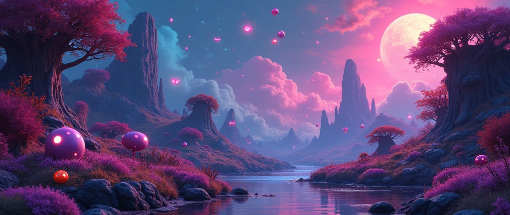8k, digital art, psychedelic mushroom land, neon glowing alien fauna, populated with small cute furry blob aliens interacting in the scene, intricate details, fantastical landscape, vibrant colors, dynamic lighting, otherworldly atmosphere, imaginative creatures, neon glowing dragonflies in a surreal environment, bioluminescent foliage, dreamlike setting, hyperrealistic rendering, masterpiece, photorealistic, studio lighting