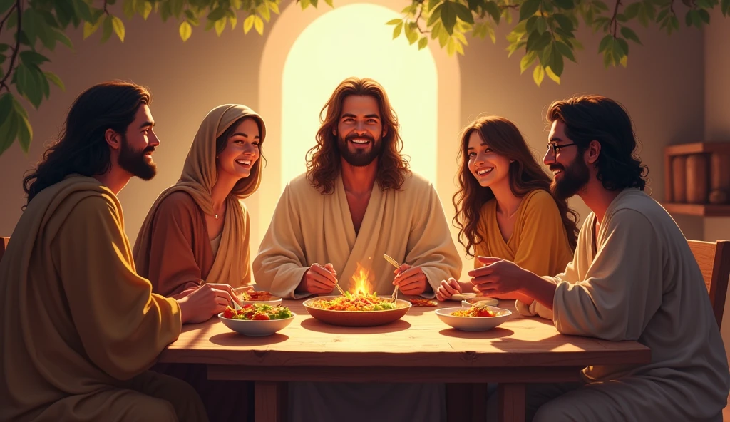 Enoch surrounded by his family in a welcoming environment, Transmitting love and unity. They are gathered around a simple table, sharing a meal and laughter, with warm and bright colors.