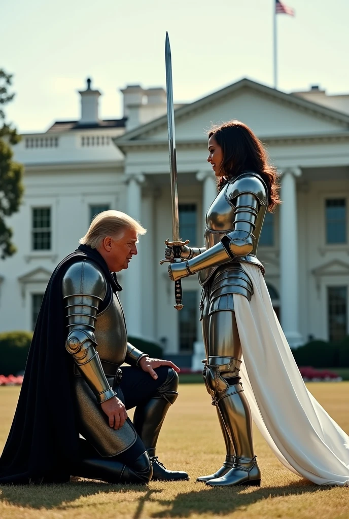 Une photo de Donald Trump en costume de chevalier ???? avec un genou au sol et la tête baissée. Il tient son épée sur le
sol. Devant lui, Kamala Harris en costume de chevalier blanc se dresse fièrement. Elle le regarde de haut avec un sourire. Elle a son épée haut au-dessus de sa tête. En arrière-plan, on peut voir la Maison Blanche à Washington.