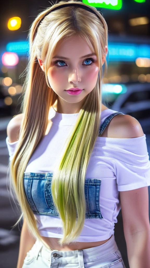 ((Highest quality)), ((masterpiece)), (detailed), high ponytail long hair, ((Blonde hair)), Beautiful girl, Very Cute Eyes, Green eyes, False eyelashes, (((Watery eye))), (Blushed:1.3), Glossy thick lips, 10 piercings, shiny white skin, (Cropped off-shoulder T-shirt), wide and damaged denim pants,  ((bulge)), outside, raining, crowded city, fog, evening, neon sign,