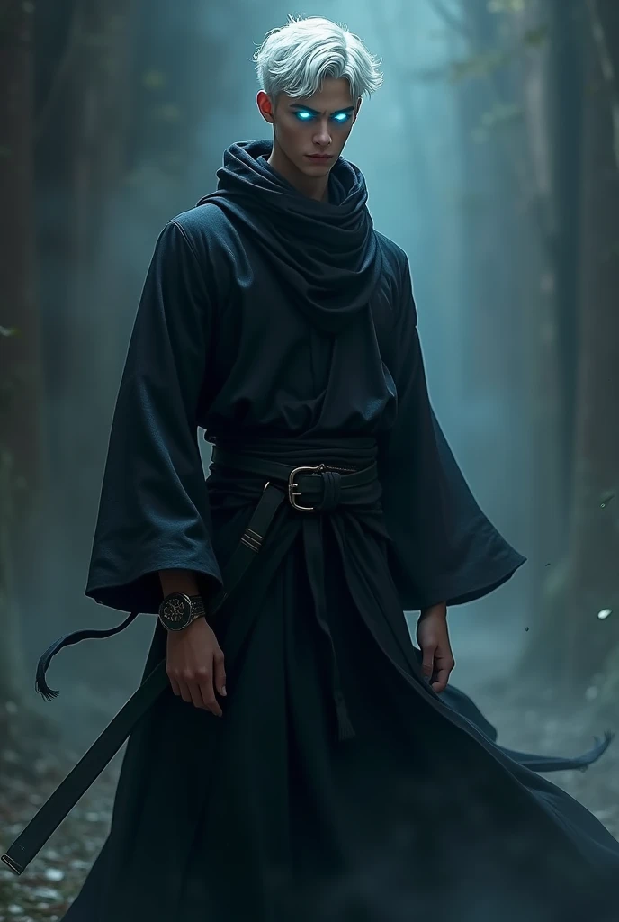 A young man wearing a black ninja dress and his eyes are growing blue and his hair color is white