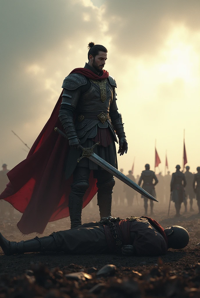 Battlefield after Victory: Leon standing over the body of the defeated enemy leader, with his sword stuck in the ground at his side. The surrounding battlefield is devastated, with enemy soldiers in retreat. The sky begins to lighten, indicating a brief pause in the war, but Leon's expression shows that he knows the fight is not over yet. "hyper realistic"