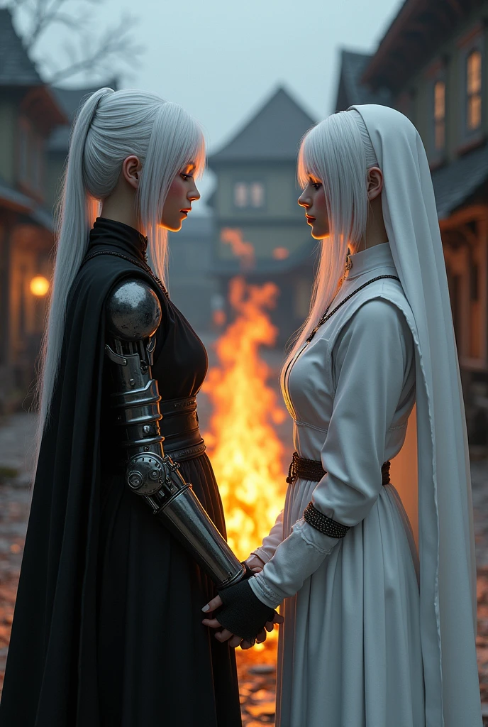 Two albino girls from the Middle Ages with white hair and violet eyes with their backs turned to each other, the one on the left wearing black alchemist clothes and her left arm with a steampunk prosthesis, and the girl on the right wearing white nun clothes., and a cross necklace, facing a bonfire in a village.