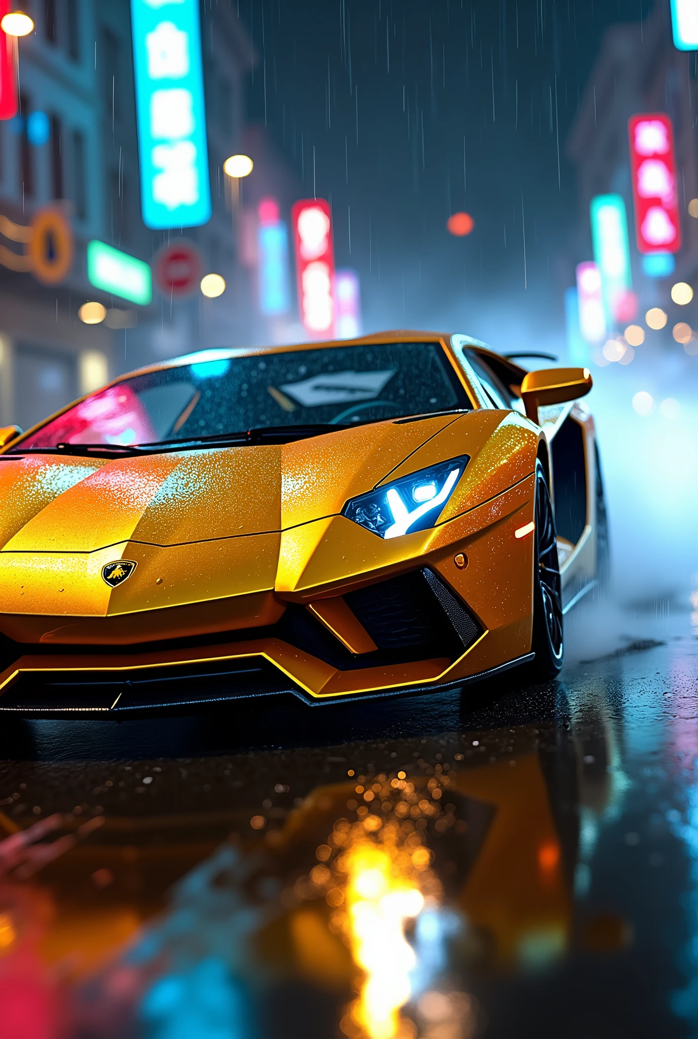 Lamborghini aventador sv color gold, drifting chase, action shot, high speed, night life, heavy rain, lens flare, intricate, elegant, highly detailed, realistic, concept art, matte, sharp focus, hearthstone