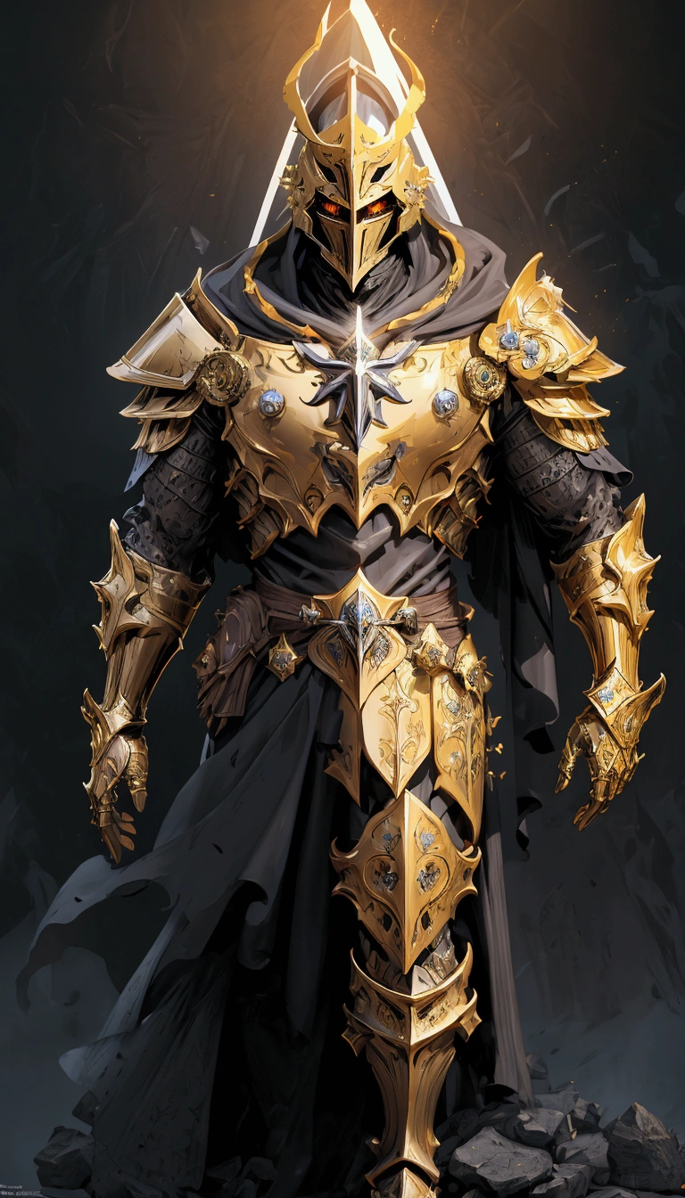 (Masterpiece:1.2), envision an intricate, 8k, highres, realistic, cinematic, dynamic, full body design of a faceless golden knight man clad in great armor with a grand helmet with bright white eyes with a large body in a dark fantasy style against a dark gray background, (Velstadt The Royal Aegis)