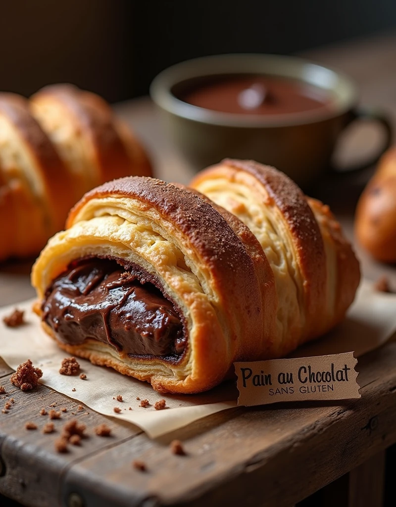 Create an ultra-realistic, highly detailed image of a freshly baked, gluten-free pain au chocolat, placed on a rustic wooden table. The pastry should have a golden-brown, flaky crust with visible layers that showcase the texture of a traditional French pastry, despite being gluten-free. The edges are slightly crispy, and the chocolate filling is rich and glossy, slightly oozing out from the center. Surrounding the pain au chocolat, there are a few crumbs tered on the table, adding to the authenticity of the scene. A small sign or tag next to the pastry reads "Pain au Chocolat SANS gluten" in elegant, handwritten script, ensuring the message is clear. The setting is warm and inviting, with soft, natural lighting that highlights the flakiness of the pastry and the richness of the chocolate. The overall atmosphere should evoke the comfort and indulgence of enjoying a classic French treat, made accessible to those with gluten sensitivities.
