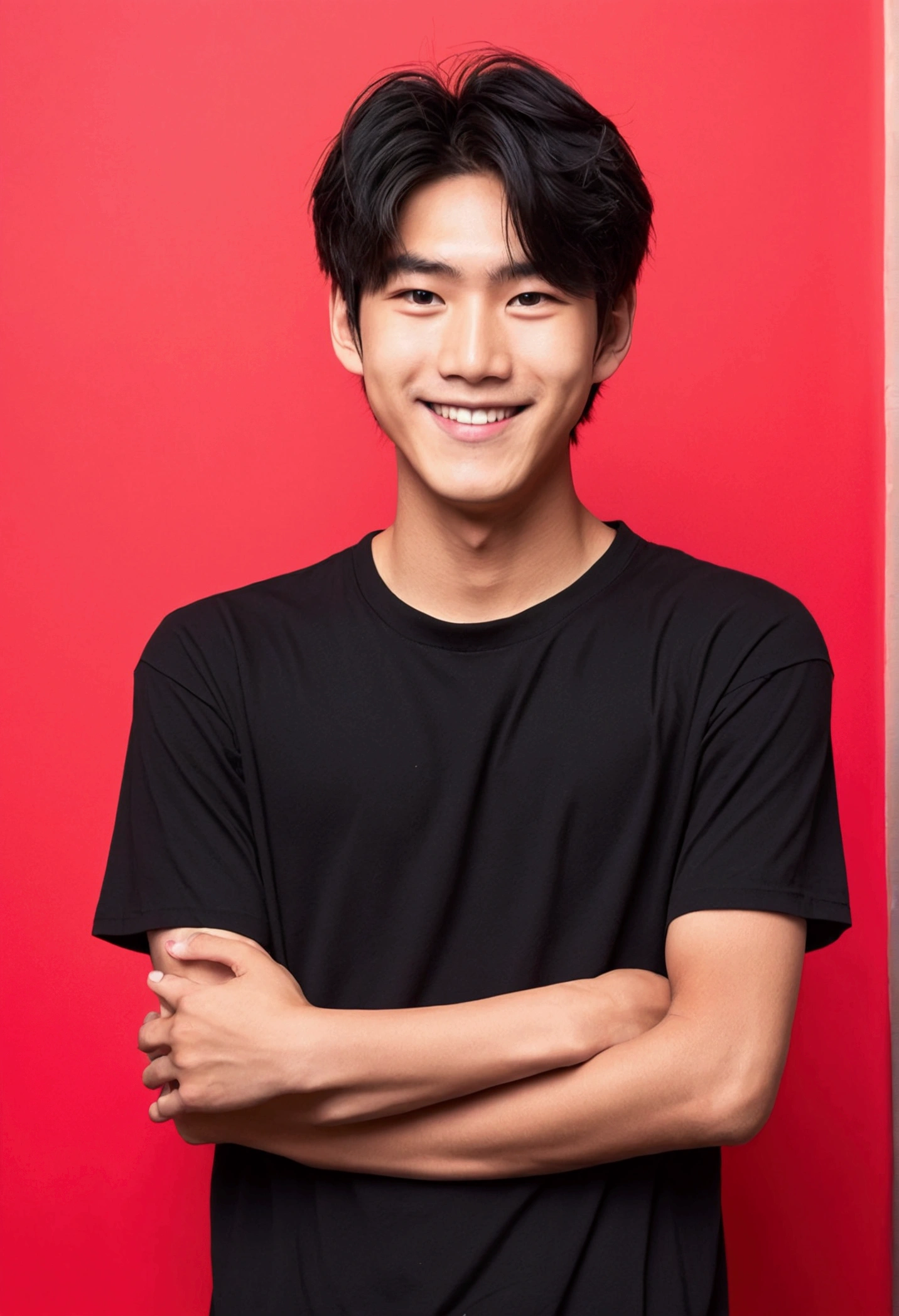 1 Japanese male teenager wearing black shirt smiling broadly facing camera with straight body pose and red background