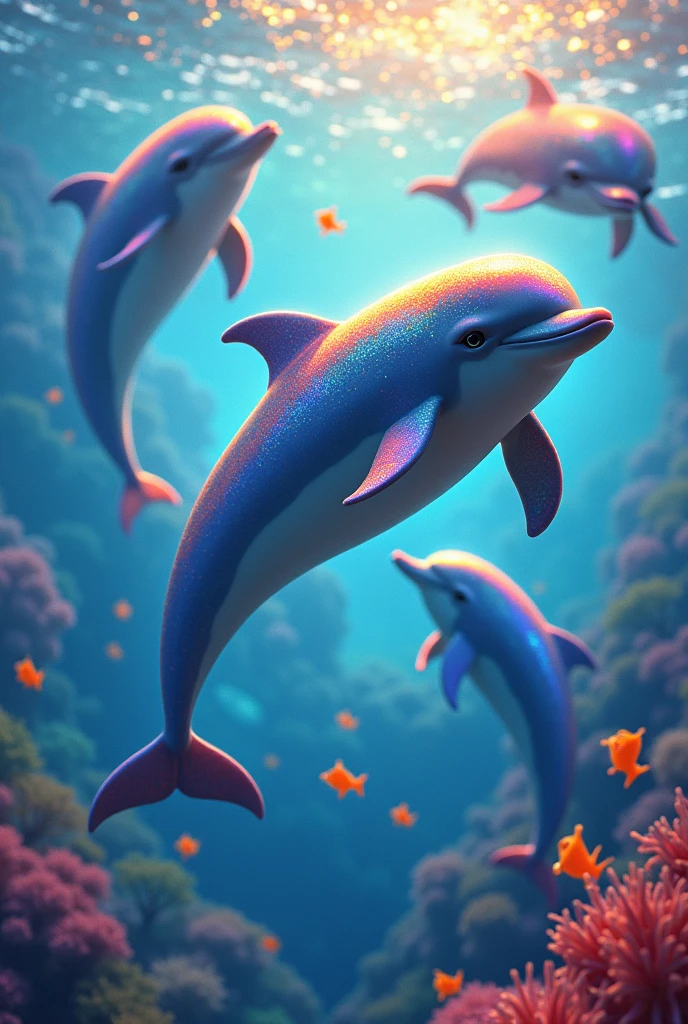 A RAINBOW COLORED DOLPHIN WITH MORE RAINBOW COLORED DOLPHINS AND A RAINBOW 