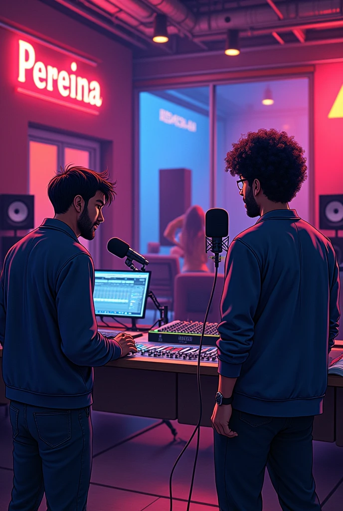 A man recording in a recording studio with a producer where in a corner it says Pereira. Mucis with red, blue, lilac colors