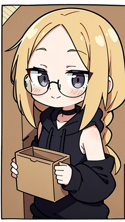 Beige hair color, center parted bangs, forehead exposed, no hair on the sides of the face, large glasses, black sleeveless hoodie, bob hair with reduced volume, long braids on both sides reaching down to the chest, holding a large cardboard box with materials in both hands, gray eyes, shy smile, choker, adult woman, blushing cheeks, beautiful, surrounded by cardboard boxes, black sleeveless hoodie, character with white border