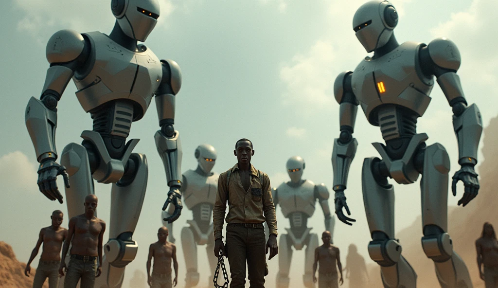 AI human robots, destroyed earth and holding chains of their human slaves, zoom and clear picture