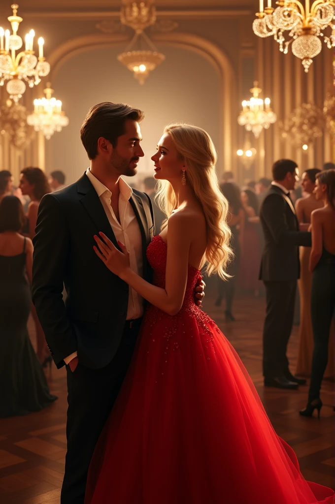 (Photorealism:1.2), man in a suit dark brown hair brown eyes hugging a woman blonde green eyes long hair wearing a dress at an elegant party 8k ultrarealistic photorealistic super detailed the best possible