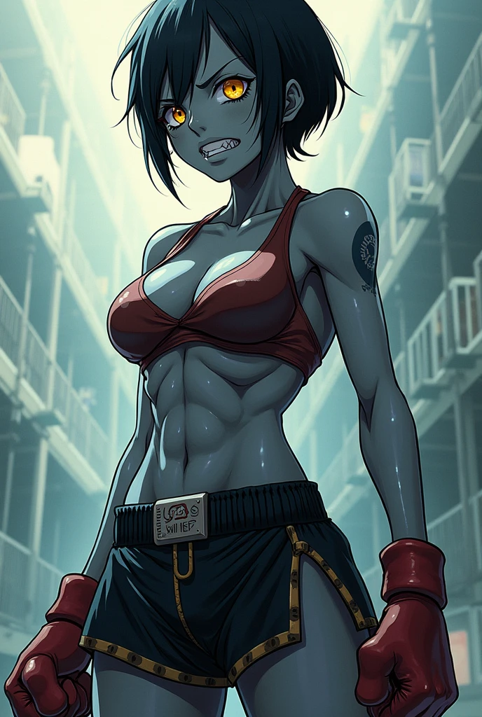 generate a image of one piece character by eiichiro oda. one piece oc. Standing tall, shs has a muscular build and has short black hair with a scar on her left eye. she had deep gray skin and golden eyes. she wears a boxer attire. and has fishman caracteristics. fangs. solo. no background