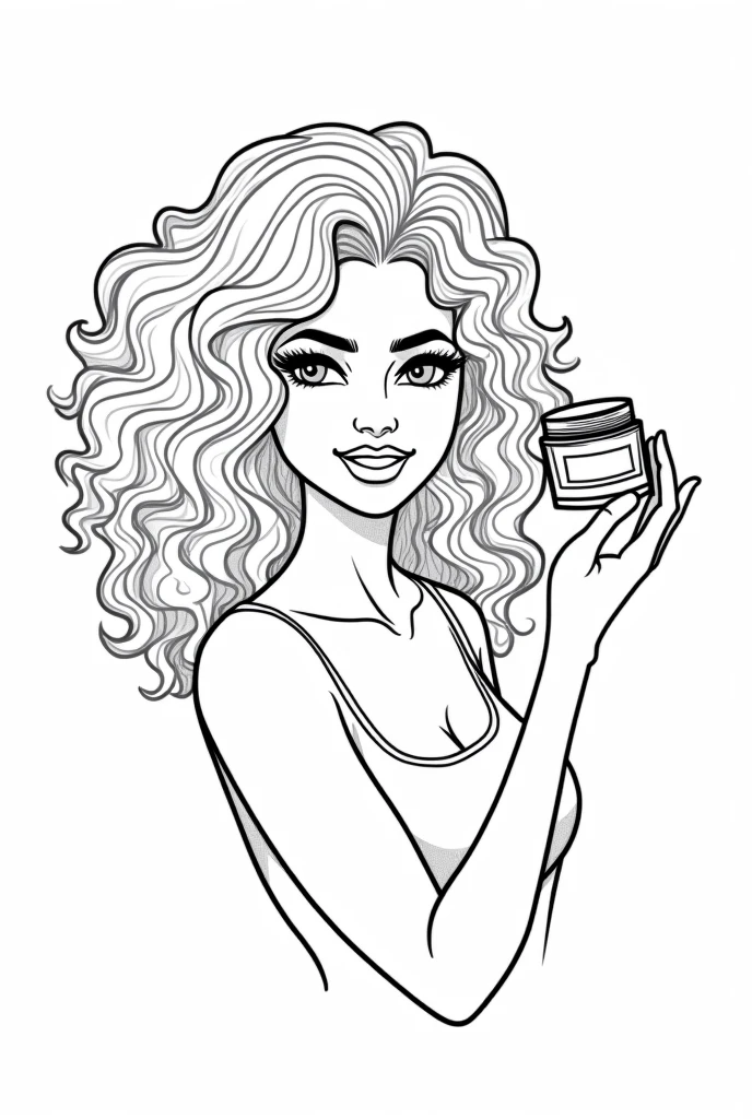 A coloring logo for a cream brand. It features a Brazilian woman with curly hair holding a hair cream in her hand. (crie em forma de drawning) (drawning!) (cria em forma de drawning preto e branco)