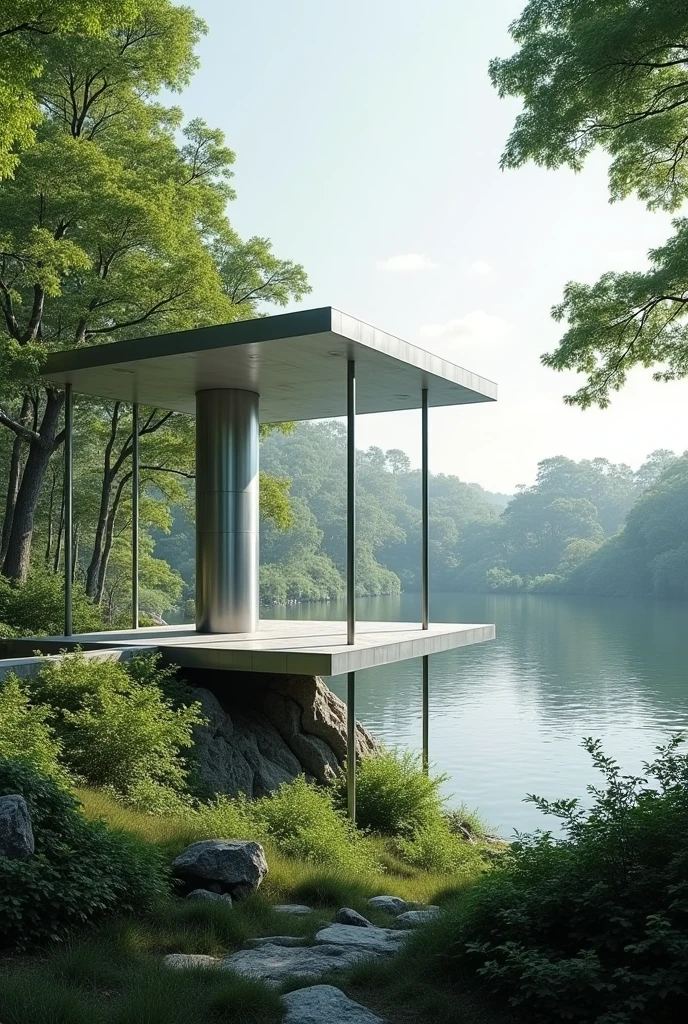 High Pavilion, lost among the trees, built in steel, in front of a lake, supported by four tubular columns.