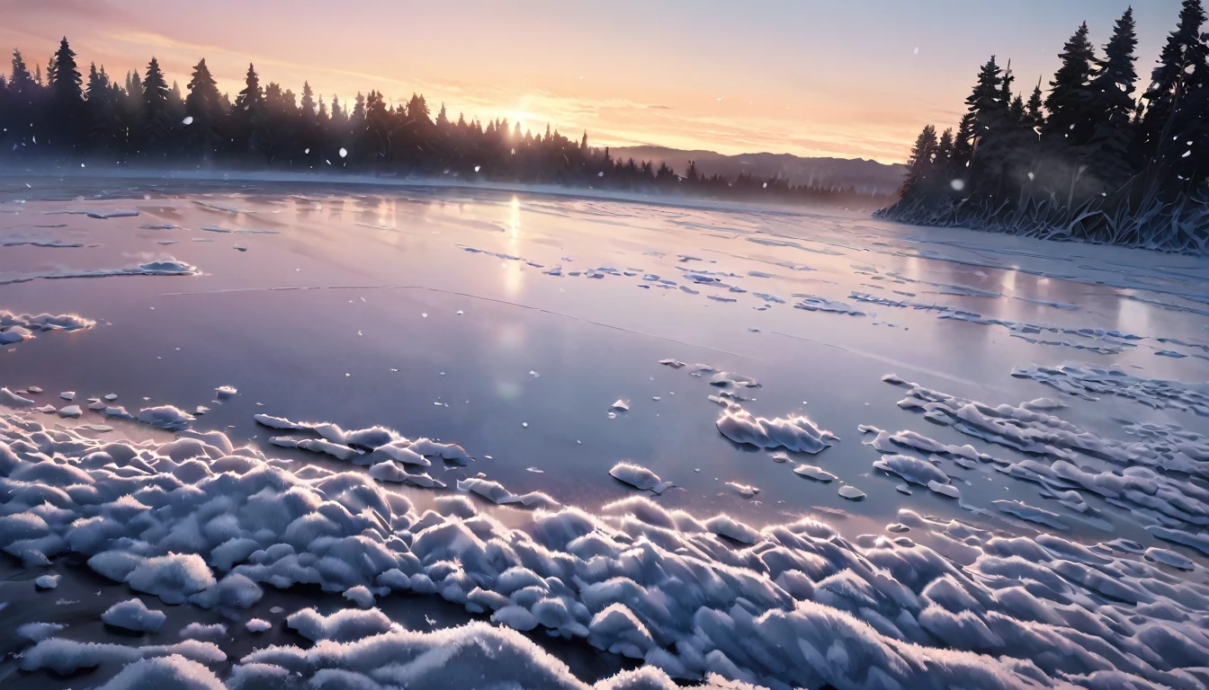 Frozen lake, morning dawn, severe frost, frost, snowing, 4k, high resolution, high detail, random angle, hyperrealism, 300mm, f/10.0, 1/1600ms, HDR