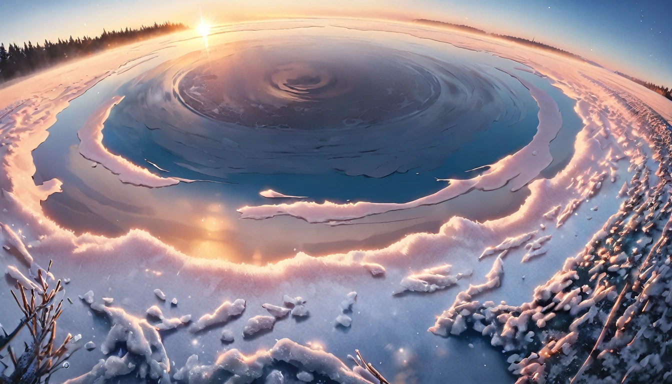 Frozen lake, morning dawn, severe frost, frost, snowing, 4k, high resolution, high detail, random angle, hyperrealism, 300mm, f/10.0, 1/1600ms, HDR