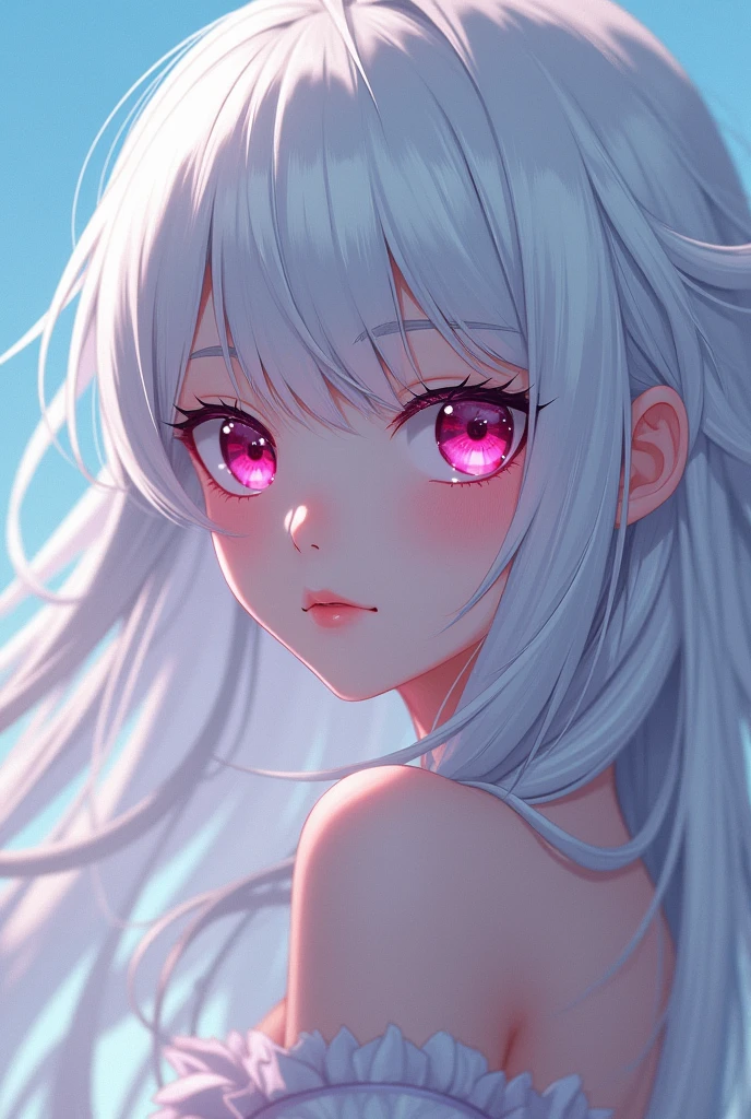 A girl with white hair, white eyelashes, pink eyes and white skin, my hero academia style 