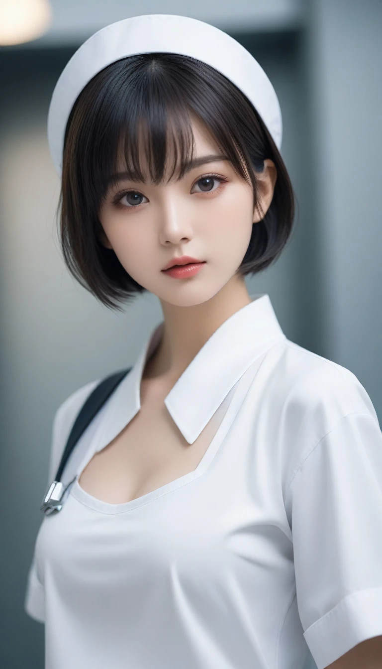 8k, Ultra-high resolution, Highest quality, masterpiece, 三分割法によるphotograph,Surreal, photograph, 1 , (:1.3), cute, cute顔, 細部までBeautiful Eyes, 細かくdetailedに,masterpiece,One Girl:1.2,Japanese women,nurse,upper body,glaring,Black short hair,Bowl cut,ID photo,((Fusion of humans and androids)),(Nurse uniform of the future:1.3),cyber punk,Eccentric,Medical Treatment Room,white collar,(Beautiful attention to detail),Subtle details, detailedな顔,anger,Attractive eyes,(ポートレートphotograph:1.4),(Photorealistic images:1.4),Fantasy art,(Beautiful Face:1.4),美しくAttractive eyes、Beautiful Eyes,Silver residue,(Tight waist:1.4)、(Beautiful with perfect body proportions:1.4),Pink Lips,profile,(((Ideal body type))),A-cup small breasts :2,、Portraiture:2、Perfect Anatomy、鮮明なdetailed、detailed,Fashion magazine cover,Thin lips,完璧でBeautiful Face ,完璧でcute顔, Skin with attention to detail, Perfect limbs、Narrow waist,Surreal,Light and shadow,spotlight