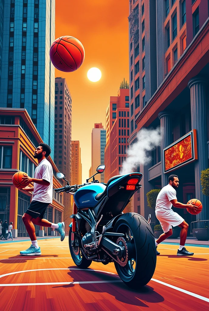 Collage of drawings about basketball, hotels, chefs and motorcycles without character