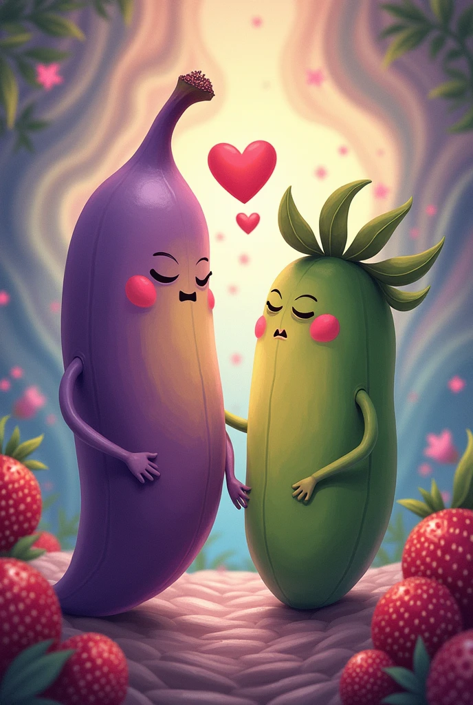 the purple banana and the green strawberry fall in love