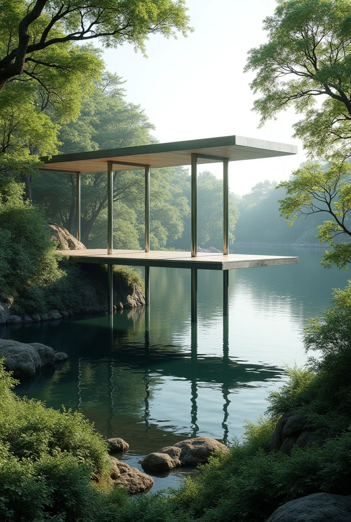High Pavilion, lost among the trees, built in steel, in front of a lake, supported by four tubular columns.