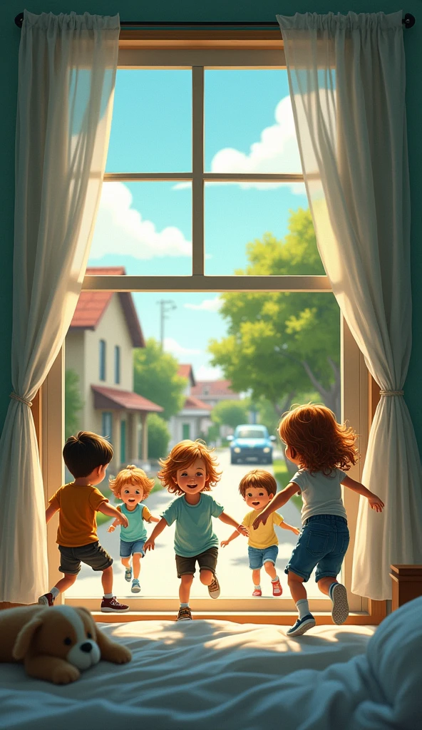 From a bedroom window you could see 4 children playing in the street.
