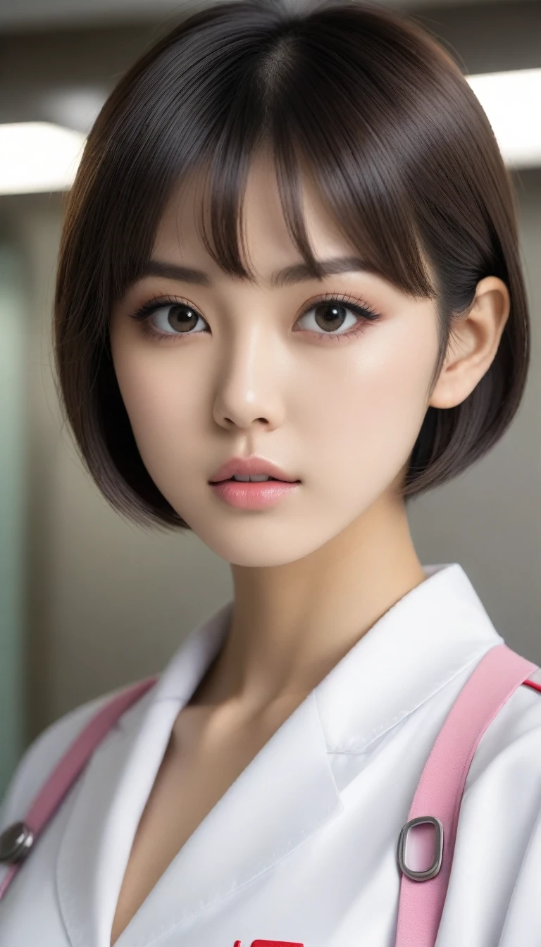 8k, Ultra-high resolution, Highest quality, masterpiece, 三分割法によるphotograph,Surreal, photograph, 1 , (:1.3), cute, cute顔, 細部までBeautiful Eyes, 細かくdetailedに,masterpiece,One Girl:1.2,Japanese women,nurse,upper body,glaring,Black short hair,Bowl cut,ID photo,((Fusion of humans and androids)),(Nurse uniform of the future:1.3),cyber punk,Eccentric,Medical Treatment Room,white collar,(Beautiful attention to detail),Subtle details, detailedな顔,anger,Attractive eyes,(ポートレートphotograph:1.4),(Photorealistic images:1.4),Fantasy art,(Beautiful Face:1.4),美しくAttractive eyes、Beautiful Eyes,Silver residue,(Tight waist:1.4)、(Beautiful with perfect body proportions:1.4),Pink Lips,profile,(((Ideal body type))),A-cup small breasts :2,、Portraiture:2、Perfect Anatomy、鮮明なdetailed、detailed,Fashion magazine cover,Thin lips,完璧でBeautiful Face ,完璧でcute顔, Skin with attention to detail, Perfect limbs、Narrow waist,Surreal,Light and shadow,spotlight