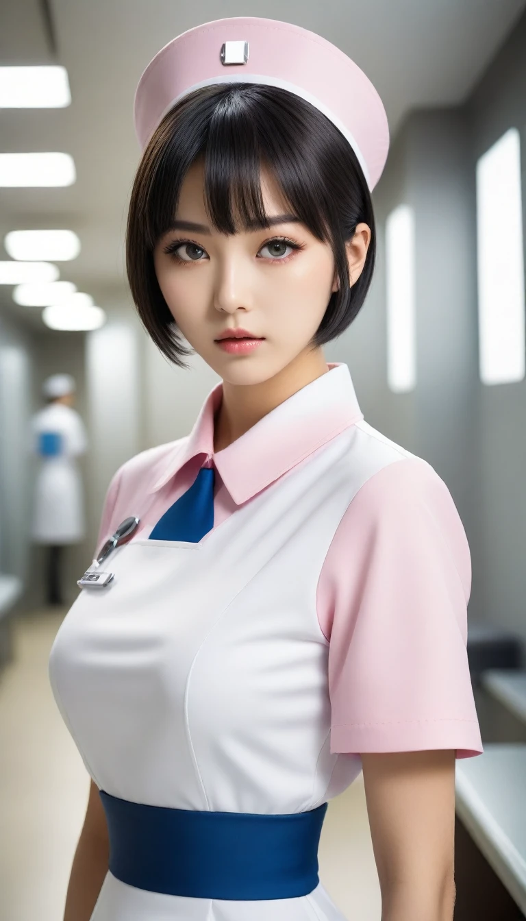 8k, Ultra-high resolution, Highest quality, masterpiece, 三分割法によるphotograph,Surreal, photograph, 1 , (:1.3), cute, cute顔, 細部までBeautiful Eyes, 細かくdetailedに,masterpiece,One Girl:1.2,Japanese women,nurse,upper body,glaring,Black short hair,Bowl cut,ID photo,((Fusion of humans and androids)),(Nurse uniform of the future:1.3),cyber punk,Eccentric,Medical Treatment Room,white collar,(Beautiful attention to detail),Subtle details, detailedな顔,anger,Attractive eyes,(ポートレートphotograph:1.4),(Photorealistic images:1.4),Fantasy art,(Beautiful Face:1.4),美しくAttractive eyes、Beautiful Eyes,Silver residue,(Tight waist:1.4)、(Beautiful with perfect body proportions:1.4),Pink Lips,profile,(((Ideal body type))),A-cup small breasts :2,、Portraiture:2、Perfect Anatomy、鮮明なdetailed、detailed,Fashion magazine cover,Thin lips,完璧でBeautiful Face ,完璧でcute顔, Skin with attention to detail, Perfect limbs、Narrow waist,Surreal,Light and shadow,spotlight
