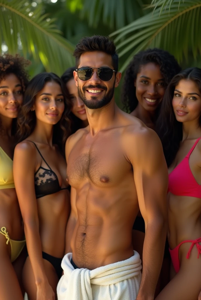 a handsome tanned man, black hair, short beard, wearing rayban sunglasses, smiling, sexy brazilian, slender, shirtless, wearing towell, surrounded by beautiful women, photorealistic, 8k, highly detailed, cinematic lighting, vivid colors, professional photography, editorial fashion style, 