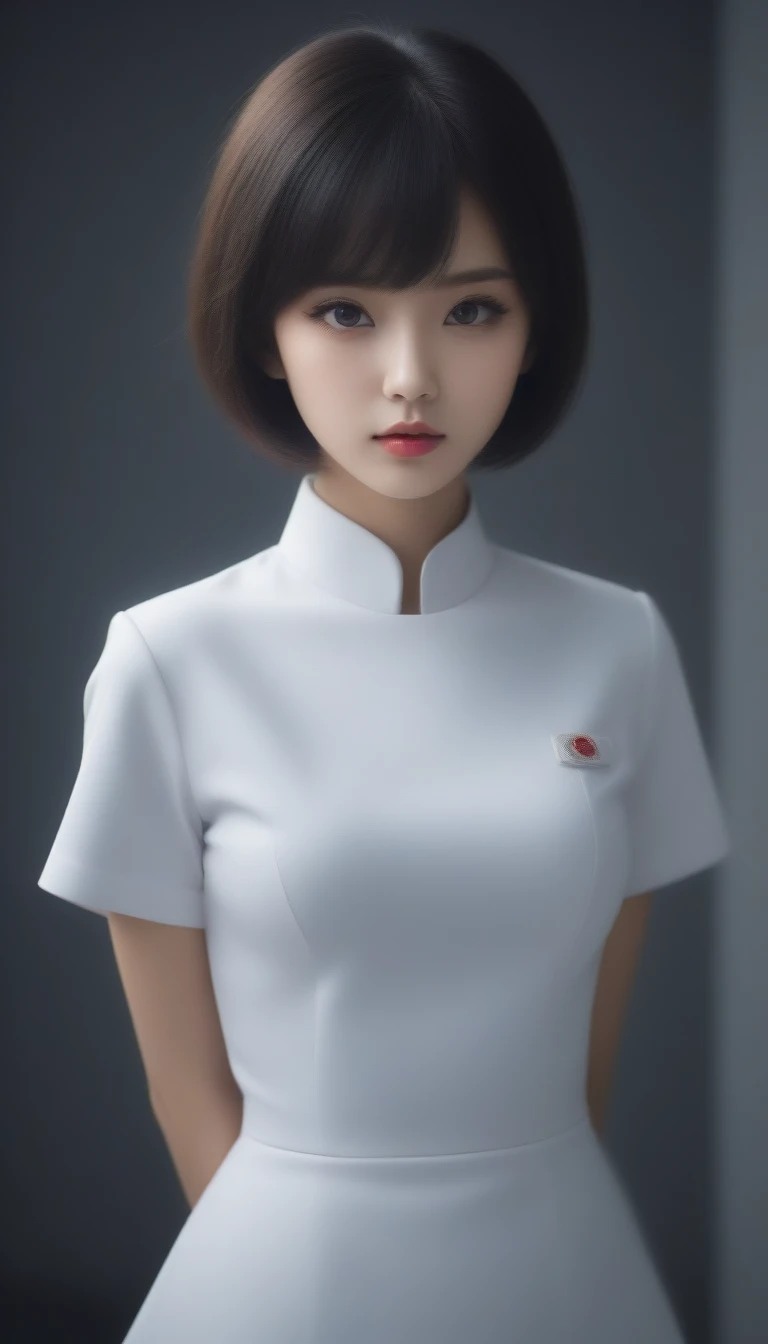 8k, Ultra-high resolution, Highest quality, masterpiece, 三分割法によるphotograph,Surreal, photograph, 1 , (:1.3), cute, cute顔, 細部までBeautiful Eyes, 細かくdetailedに,masterpiece,One Girl:1.2,Japanese women,nurse,upper body,glaring,Black short hair,Bowl cut,ID photo,((Fusion of humans and androids)),(Nurse uniform of the future:1.3),cyber punk,Eccentric,Medical Treatment Room,white collar,(Beautiful attention to detail),Subtle details, detailedな顔,anger,Attractive eyes,(ポートレートphotograph:1.4),(Photorealistic images:1.4),Fantasy art,(Beautiful Face:1.4),美しくAttractive eyes、Beautiful Eyes,Silver residue,(Tight waist:1.4)、(Beautiful with perfect body proportions:1.4),Pink Lips,profile,(((Ideal body type))),A-cup small breasts :2,、Portraiture:2、Perfect Anatomy、鮮明なdetailed、detailed,Fashion magazine cover,Thin lips,完璧でBeautiful Face ,完璧でcute顔, Skin with attention to detail, Perfect limbs、Narrow waist,Surreal,Light and shadow,spotlight