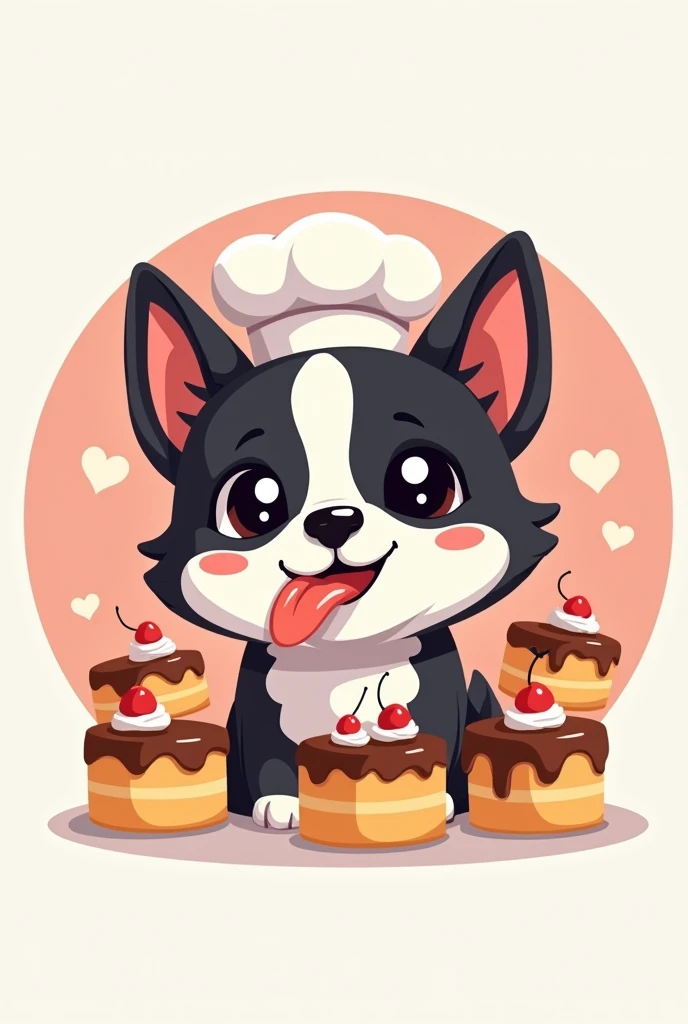 create an animated logo for instagram circular  dog with all black head and white body, that he is a pastry chef, that has a chef&#39;s hat, eating cakes or cooking. May he be surrounded by cakes with their tongues hanging out
