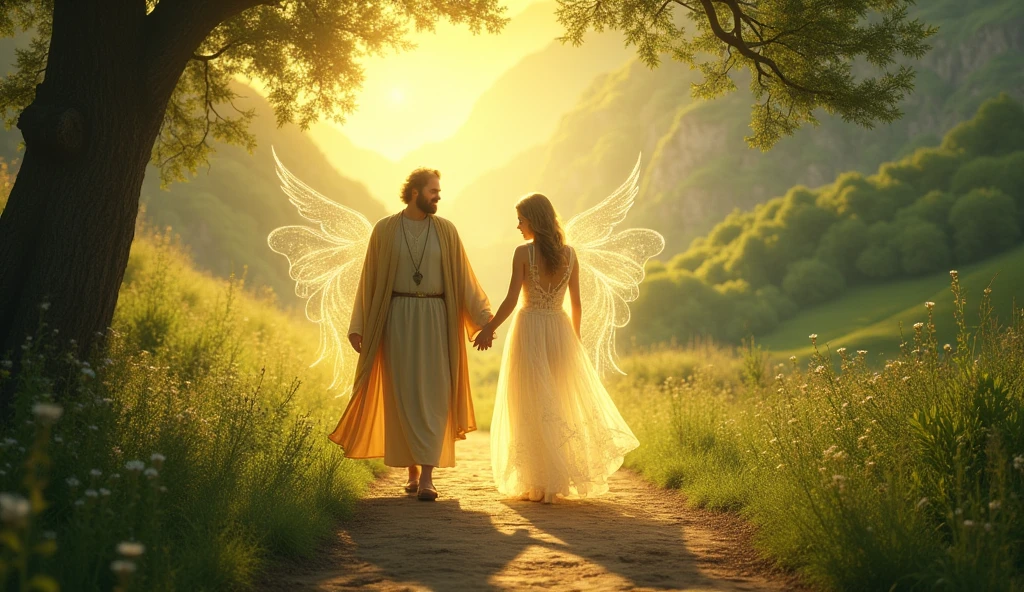 Enoch walking on a green path, holding hands with a luminous figure that symbolizes God. The scene is enveloped in an aura of golden light, conveying peace and spirituality.