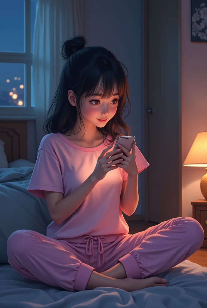 One girl watching chatting wile holding the phone in a hand .she wared light pink colour t shirt and light pink colour night pant in one room.she sat in flore.at midnight .age 15