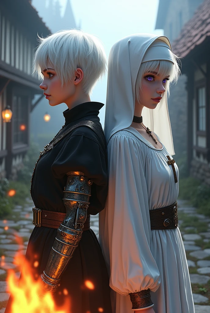 Two albino girls from the Middle Ages with white hair and violet eyes with their backs turned to each other, the one on the left with short hair wearing black alchemist clothes and her left arm with a steampunk prosthesis and the girl on the right wearing white nun clothes., and a cross necklace, facing a bonfire in a village.