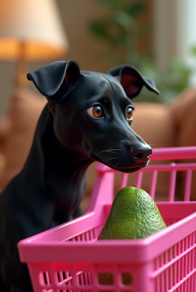 Draw a black dog looking at the avocado in the pink cart 



