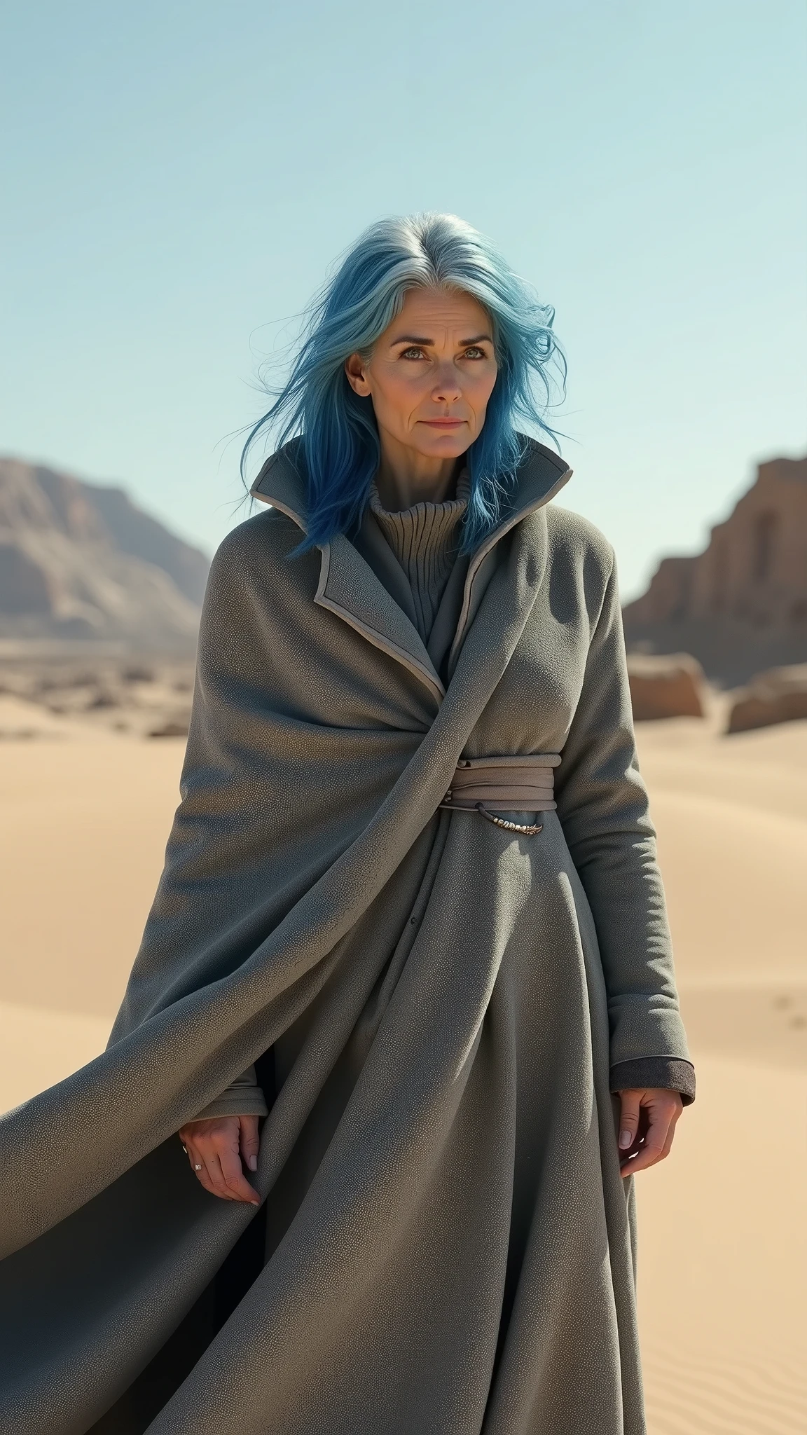 woman in her 50s, Blue hair, Grey coat, in the desert. detailled, photorealistic -imagine