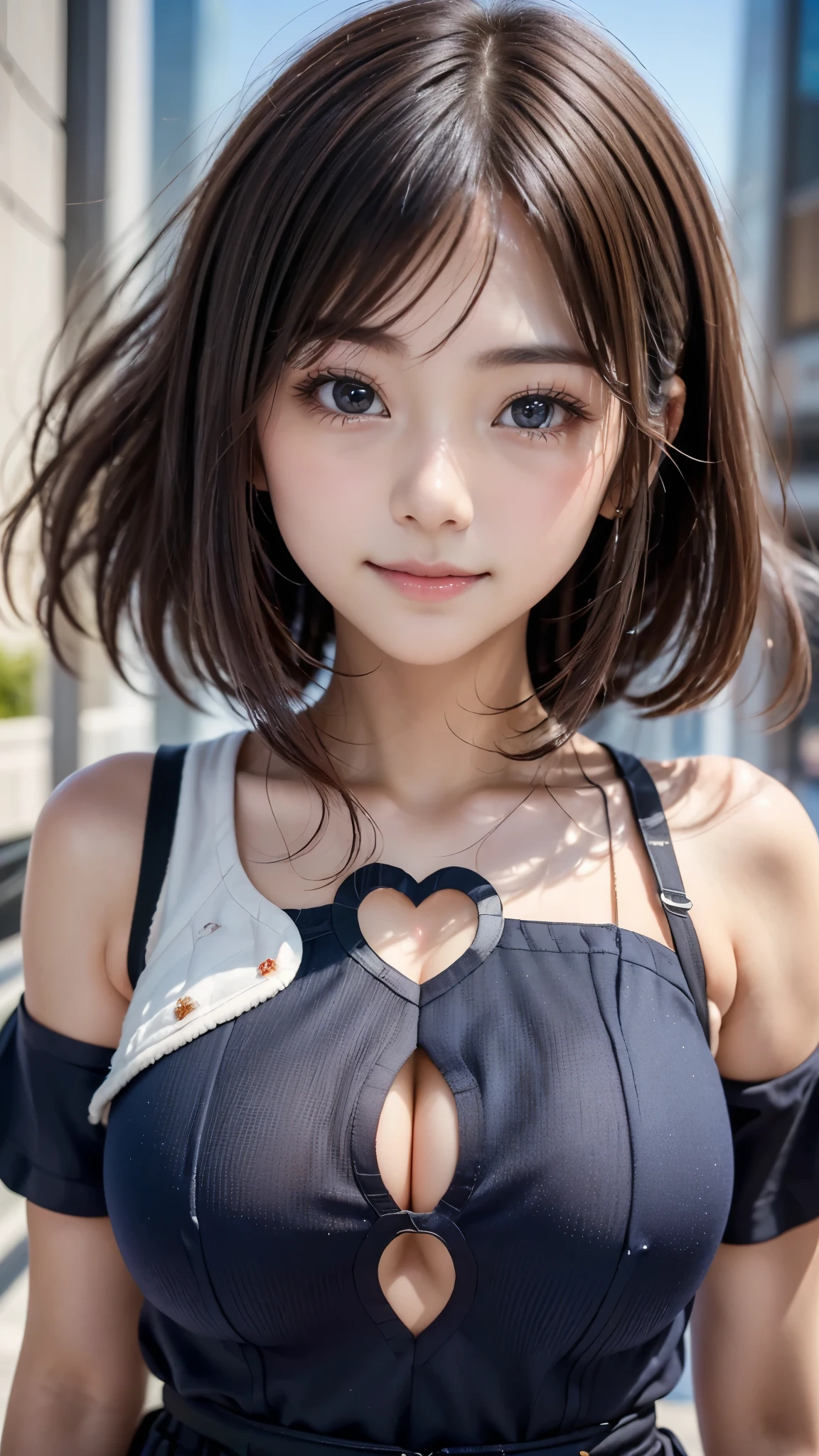 (((A pure and cute beautiful girl stands in a futuristic city:1.2))), (((Upper body portrait))), Beautiful straight hair, Short brown hair, Immersion, high nose, (Beautiful symmetrical eyes, Brown Eyes), (Thin thighs:1.2, Beautiful feet:1.2), Slender body line, ((Tight waist:1.2)), (Japanese Idols, Baby Face, high school girl, teenage), (Perfect Anatomy:1.3), Moisturizing lips, (Beautiful breasts, Heart-shaped cut-out reveals cleavage:1.2), (Highest quality、Highest quality、Masterpiece、Ultra high definition、Reality:1.37), (Detailed eyes and face:1.3、Professional photography techniques)、((Hair blowing in the wind:1.3)), (((Cute tops, Futuristic fashion)))