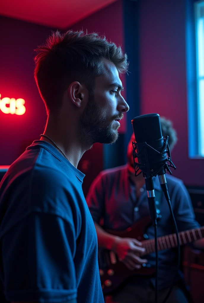A man recording in a recording studio with a producer where in a corner it says (Pereira. Mucis) with red, blue, lilac colors