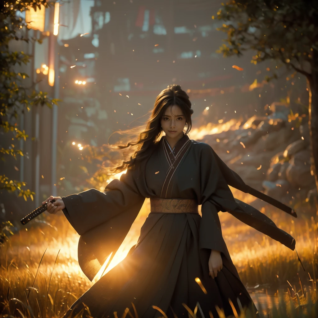 A lone samurai woman standing in a peaceful field at dusk, ready to draw her katana. She is wearing traditional samurai attire from the Sengoku period of Japan, consisting of a black and dark brown kimono-style robe with wide sleeves, tied with a dark obi around her waist. Her right hand is gripping the hilt of her katana, positioned near her waist as she prepares to draw it, while her left hand is steadying the sheath. Her posture is tense but focused, capturing the precise moment before action. Her hair is tied up in a traditional warrior style, and her face shows calm determination. The scene is set in a quiet field with tall grasses swaying gently in the wind, under the fading light of dusk. The color palette is soft and muted, with earthy tones for both the environment and her attire, and the background is simple, with birds flying in the distance."Additional Parameters:Style: Realistic, with a focus on action and tension in the poseLighting: Soft dusk lighting with warm, fading sunlight casting long shadowsColors: Dark black and brown tones for the attire, earthy and muted tones for the grass and skyComposition: The samurai woman centered, in a poised stance, with her katana halfway drawn, the quiet field around her creating a sense of serenity and focusEnvironment: Quiet field at dusk, soft wind moving the tall grass, birds flying in the distance