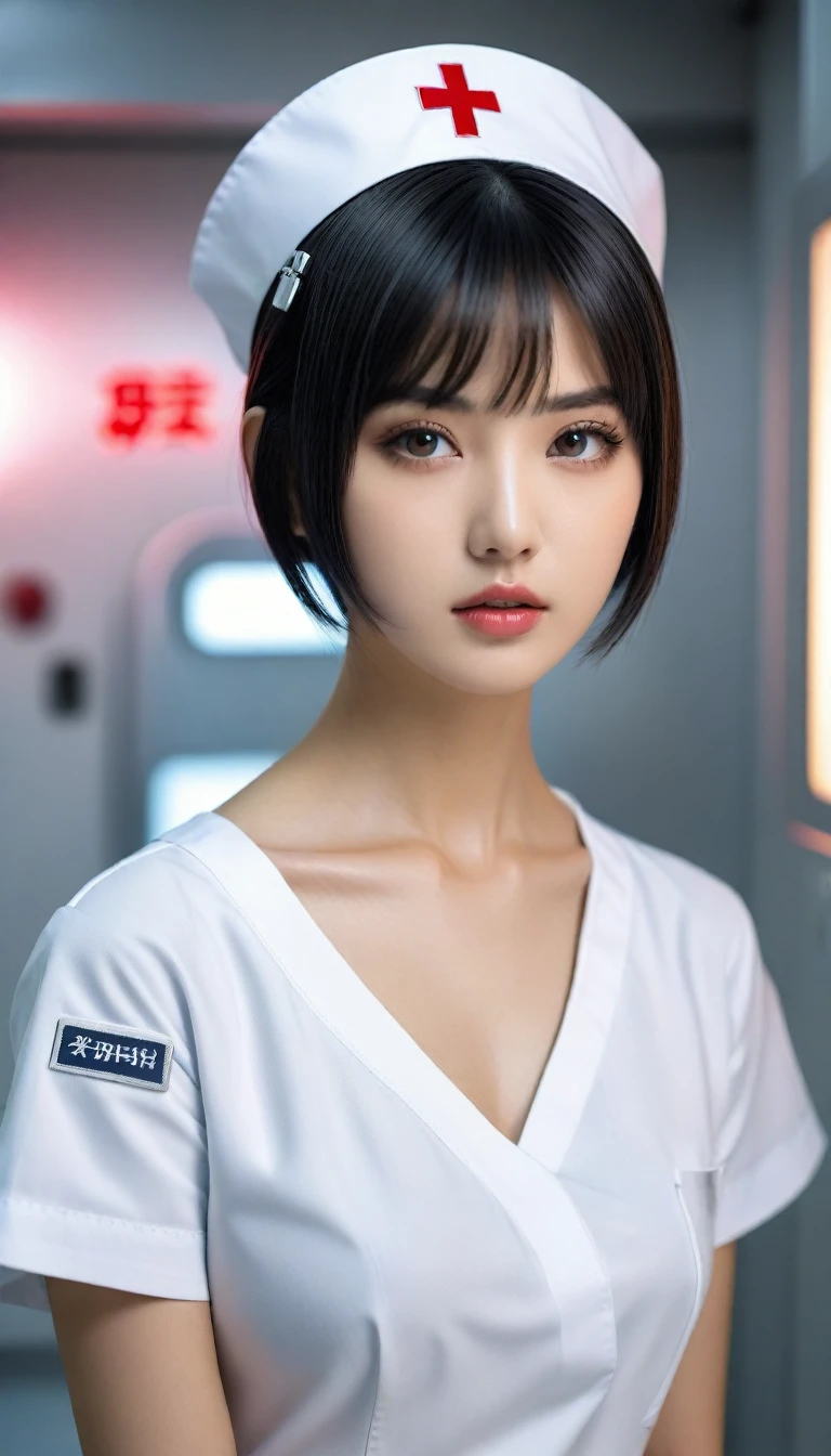 8k, Ultra-high resolution, Highest quality, masterpiece, 三分割法によるphotograph,Surreal, photograph, 1 , (:1.3), cute, cute顔, 細部までBeautiful Eyes, 細かくdetailedに,masterpiece,One Girl:1.2,Japanese women,nurse,upper body,glaring,Black short hair,Bowl cut,ID photo,((Fusion of humans and androids)),(Nurse uniform of the future:1.3),cyber punk,Eccentric,Medical Treatment Room,white collar,(Beautiful attention to detail),Subtle details, detailedな顔,anger,Attractive eyes,(ポートレートphotograph:1.4),(Photorealistic images:1.4),Fantasy art,(Beautiful Face:1.4),美しくAttractive eyes、Beautiful Eyes,Silver residue,(Tight waist:1.4)、(Beautiful with perfect body proportions:1.4),Pink Lips,profile,(((Ideal body type))),A-cup small breasts :2,、Portraiture:2、Perfect Anatomy、鮮明なdetailed、detailed,Fashion magazine cover,Thin lips,完璧でBeautiful Face ,完璧でcute顔, Skin with attention to detail, Perfect limbs、Narrow waist,Surreal,Light and shadow,spotlight