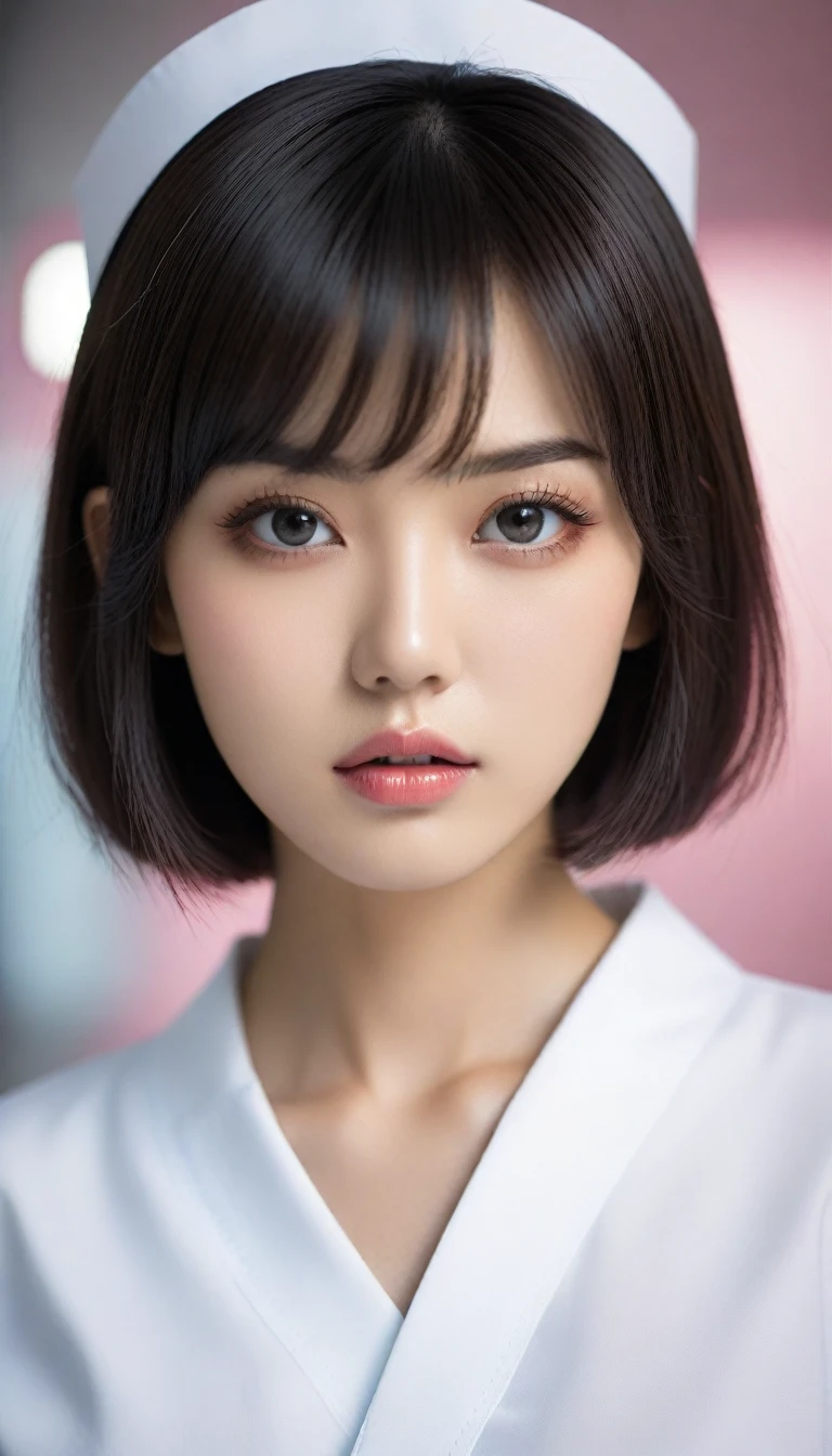 8k, Ultra-high resolution, Highest quality, masterpiece, 三分割法によるphotograph,Surreal, photograph, 1 , (:1.3), cute, cute顔, 細部までBeautiful Eyes, 細かくdetailedに,masterpiece,One Girl:1.2,Japanese women,nurse,upper body,glaring,Black short hair,Bowl cut,ID photo,((Fusion of humans and androids)),(Nurse uniform of the future:1.3),cyber punk,Eccentric,Medical Treatment Room,white collar,(Beautiful attention to detail),Subtle details, detailedな顔,anger,Attractive eyes,(ポートレートphotograph:1.4),(Photorealistic images:1.4),Fantasy art,(Beautiful Face:1.4),美しくAttractive eyes、Beautiful Eyes,Silver residue,(Tight waist:1.4)、(Beautiful with perfect body proportions:1.4),Pink Lips,profile,(((Ideal body type))),A-cup small breasts :2,、Portraiture:2、Perfect 、鮮明なdetailed、detailed,Fashion magazine cover,Thin lips,完璧でBeautiful Face ,完璧でcute顔, Skin with attention to detail, Perfect limbs、Narrow waist,Surreal,Light and shadow,spotlight