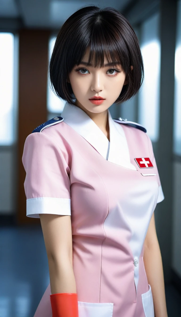 8k, Ultra-high resolution, Highest quality, masterpiece, 三分割法によるphotograph,Surreal, photograph, 1 , (:1.3), cute, cute顔, 細部までBeautiful Eyes, 細かくdetailedに,masterpiece,One Girl:1.2,Japanese women,nurse,upper body,glaring,Black short hair,Bowl cut,ID photo,((Fusion of humans and androids)),(Nurse uniform of the future:1.3),cyber punk,Eccentric,Medical Treatment Room,white collar,(Beautiful attention to detail),Subtle details, detailedな顔,anger,Attractive eyes,(ポートレートphotograph:1.4),(Photorealistic images:1.4),Fantasy art,(Beautiful Face:1.4),美しくAttractive eyes、Beautiful Eyes,Silver residue,(Tight waist:1.4)、(Beautiful with perfect body proportions:1.4),Pink Lips,profile,(((Ideal body type))),A-cup small breasts :2,、Portraiture:2、Perfect 、鮮明なdetailed、detailed,Fashion magazine cover,Thin lips,完璧でBeautiful Face ,完璧でcute顔, Skin with attention to detail, Perfect limbs、Narrow waist,Surreal,Light and shadow,spotlight