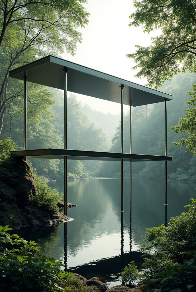 High Pavilion, lost among the trees, built in steel, in front of a lake, supported by four tubular columns.