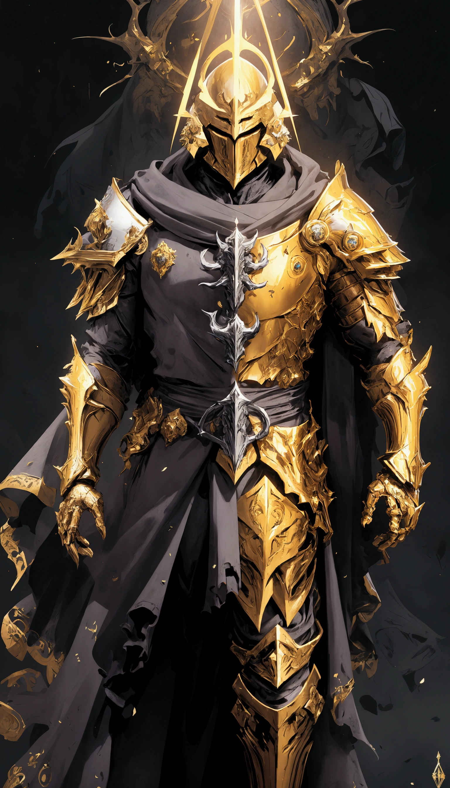 (Masterpiece:1.2), envision an intricate, 8k, highres, realistic, cinematic, dynamic, full body design of a faceless golden knight man clad in great armor with a grand helmet with bright white eyes with a large body in a dark fantasy style against a dark gray background, (Velstadt The Royal Aegis)