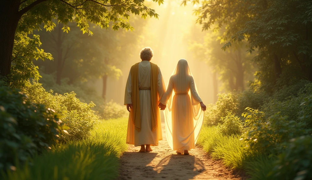 Enoch the biblical prophet walking on a green path, holding hands with a luminous figure that symbolizes God. The scene is enveloped in an aura of golden light, conveying peace and spirituality.